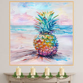 Colorful Pineapple Watercolor Painting with Tropical Beach and Ocean Background on Ready to Hang 1.5" Thick Canvas Wrap, Floating Framed Canvas, Flat Rolled Canvas
